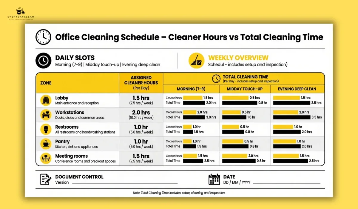 Office cleaning schedule showing cleaner-hours compared with total cleaning time