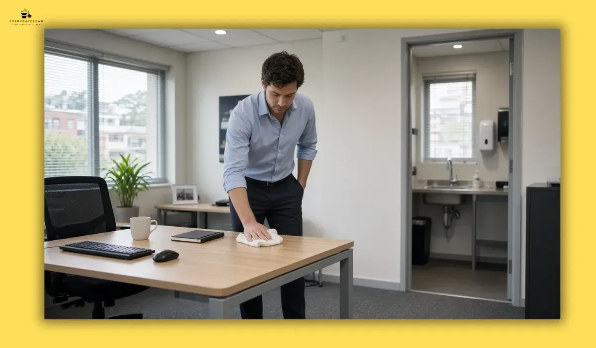 Office employee cleaning a shared workstation in a modern workplace