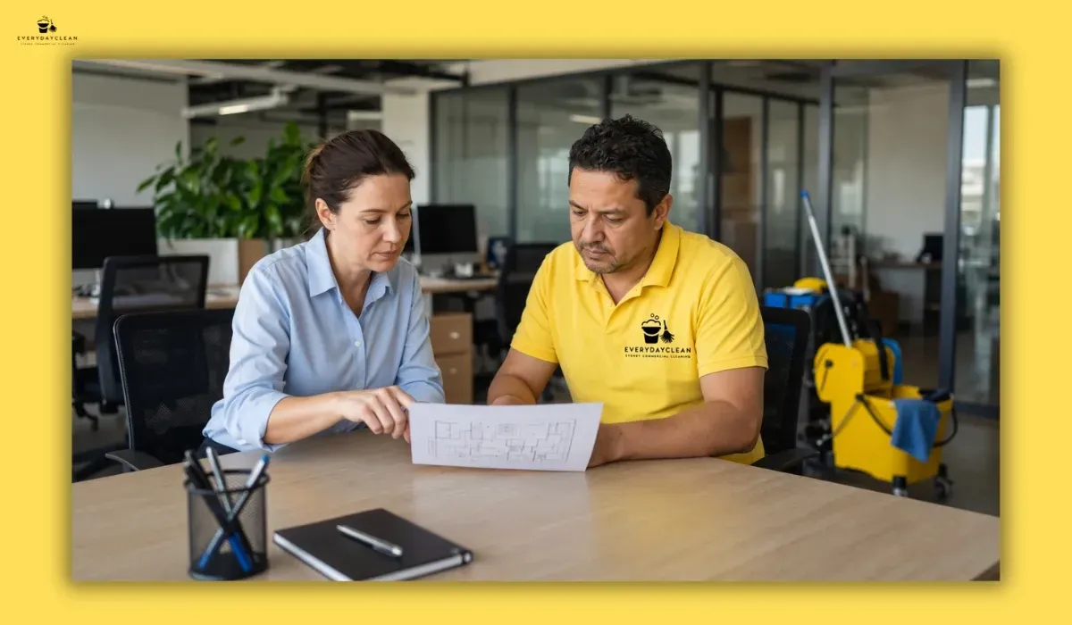 Office manager and cleaning supervisor reviewing a cleaning risk assessment