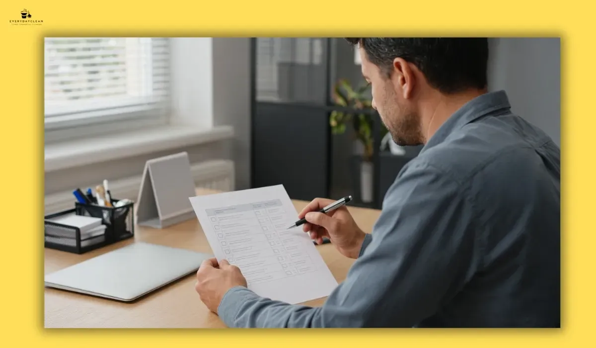 Office manager reviewing a workplace hygiene checklist at a desk