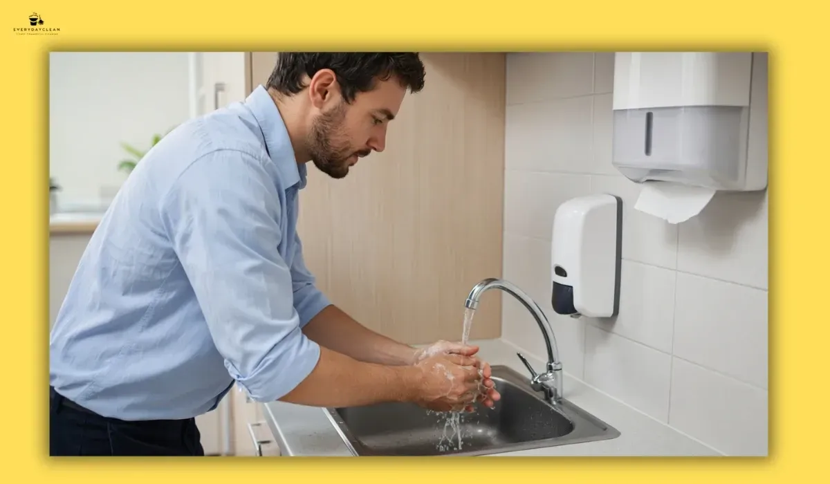 Office worker washing hands with soap at a workplace kitchenette sink