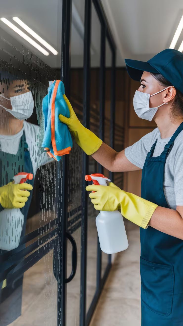 Person wearing a mask and gloves sprays and wipes a glass window in an office setting.