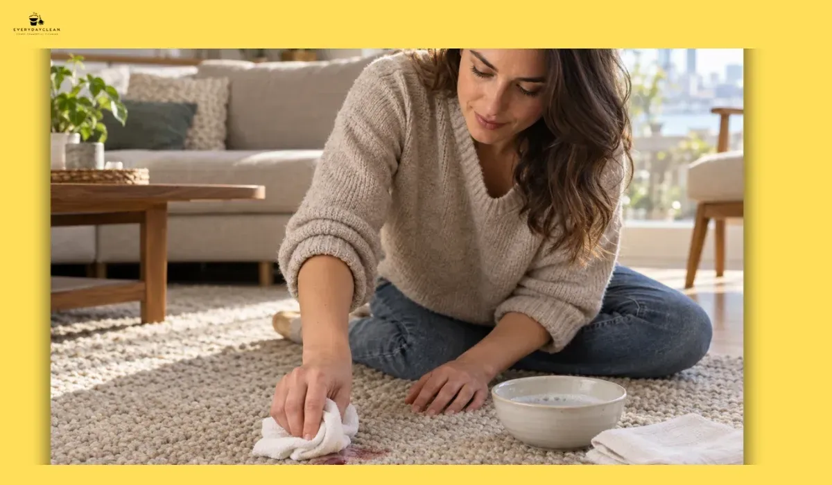 Person gently blotting a fresh stain on a wool rug with a clean cloth