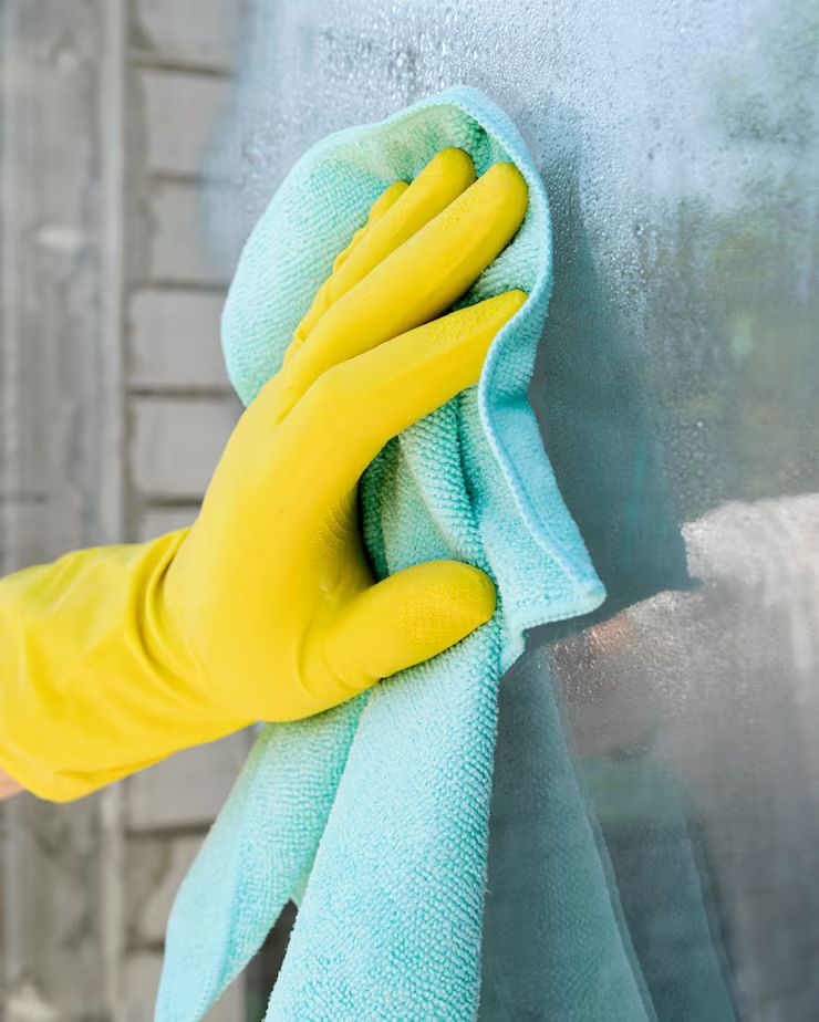 Hand in yellow glove wiping a blue cloth on a window, cleaning.