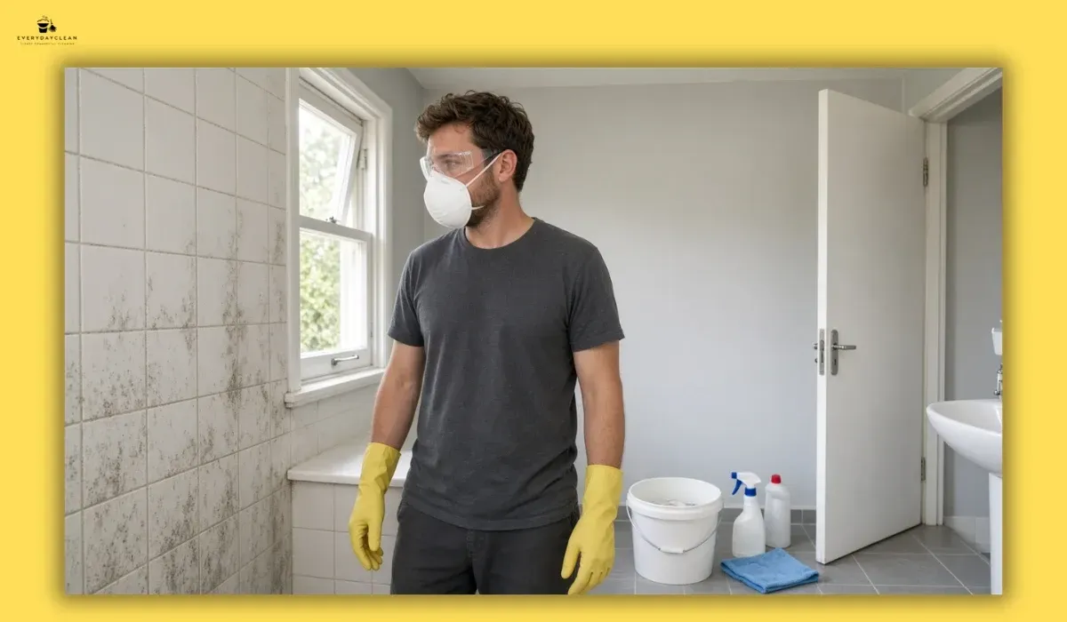 Person wearing protective equipment while preparing to clean mould in a ventilated bathroom