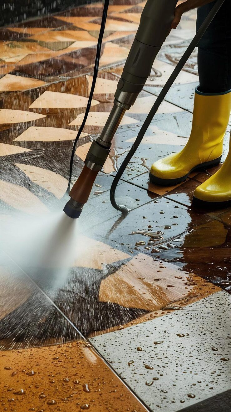 Person power washing a patterned tile floor, wearing yellow boots.
