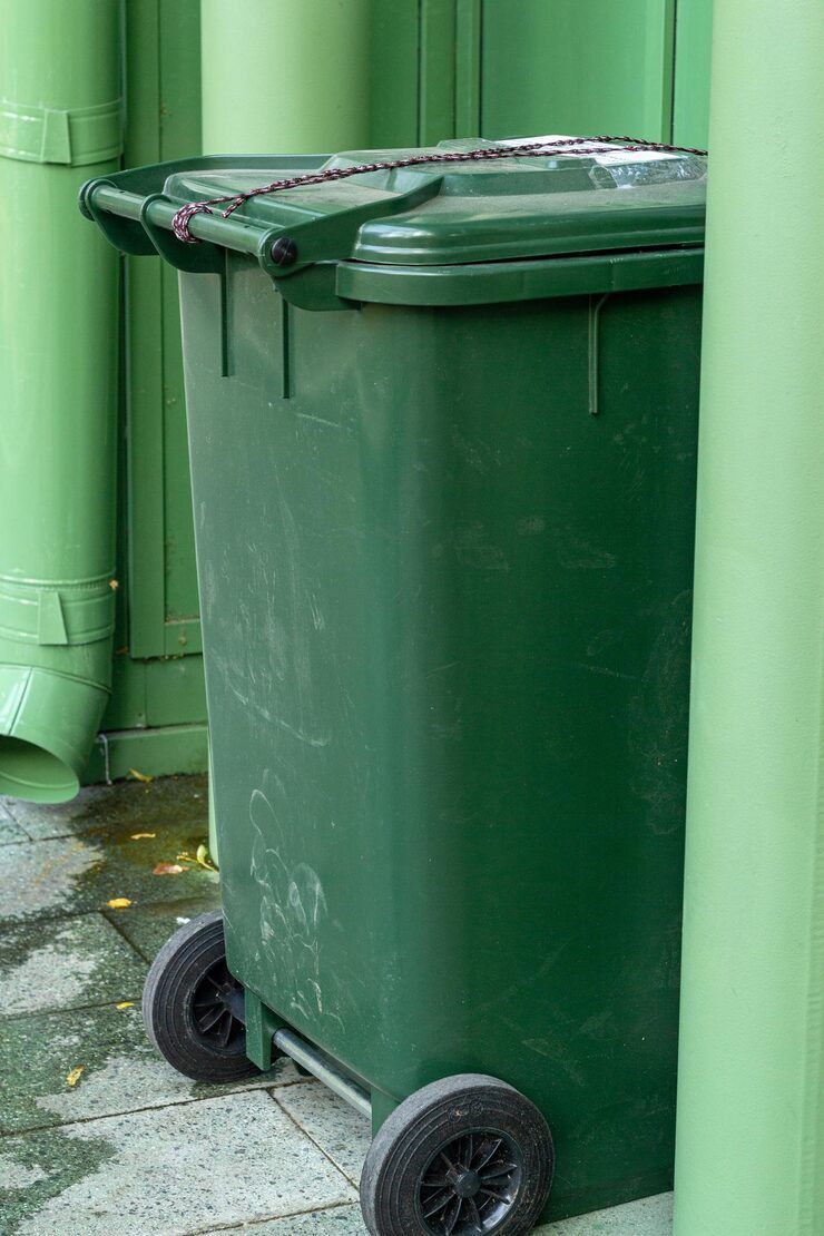 Green trash bin with wheels, set against green pipes.