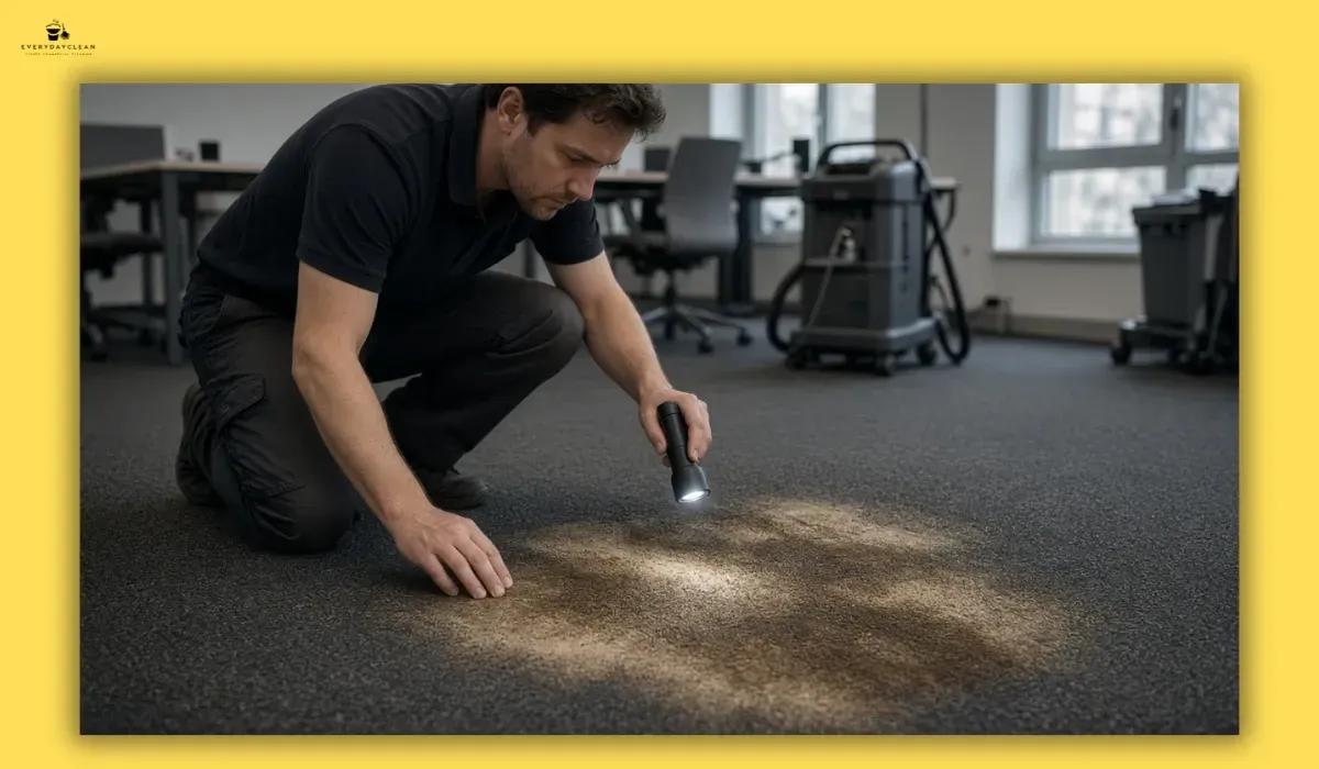 Professional cleaner assessing a stubborn coffee stain on a carpeted floor