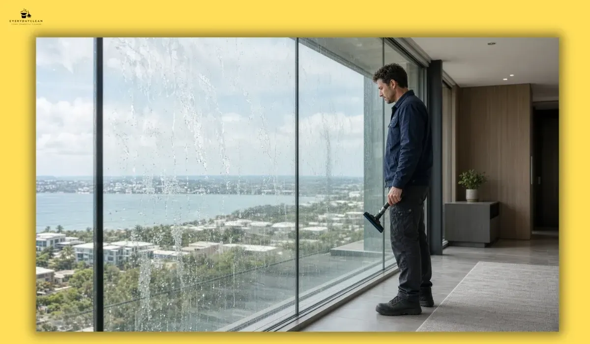 Professional cleaner assessing stubborn mineral deposits on large glass panels