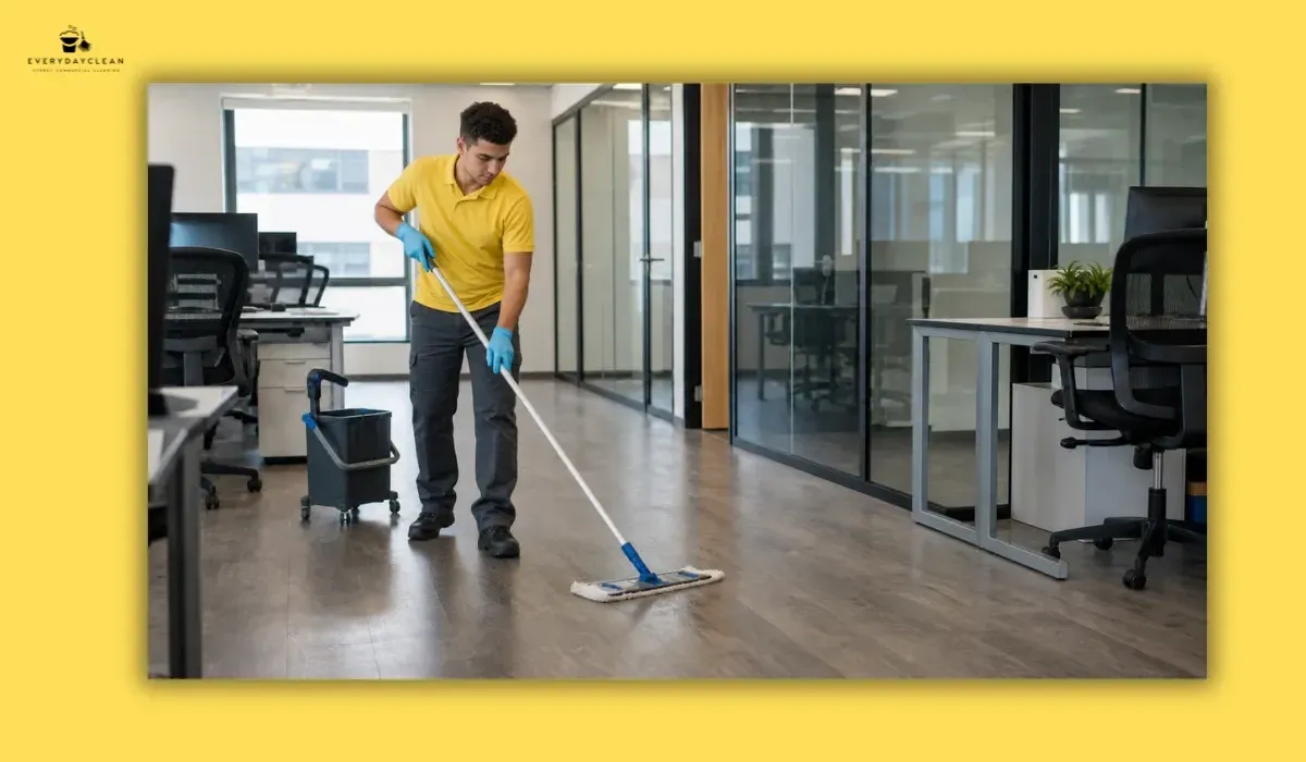 Professional cleaner damp mopping office floors with a neutral floor cleaner