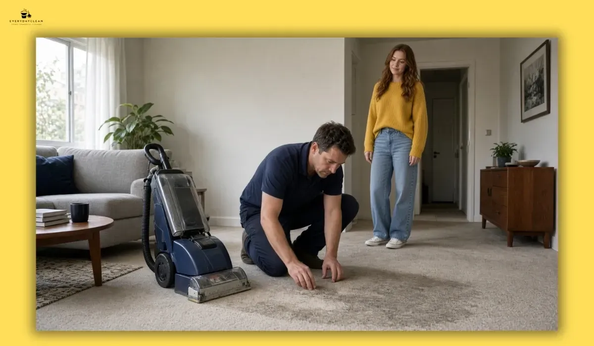 Professional cleaner inspecting a large persistent urine-affected carpet area