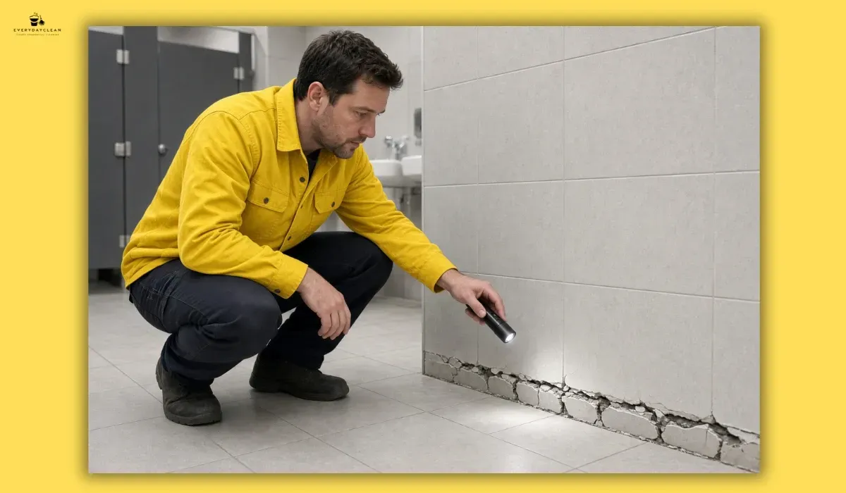 Professional cleaner inspecting cracked grout between bathroom floor tiles