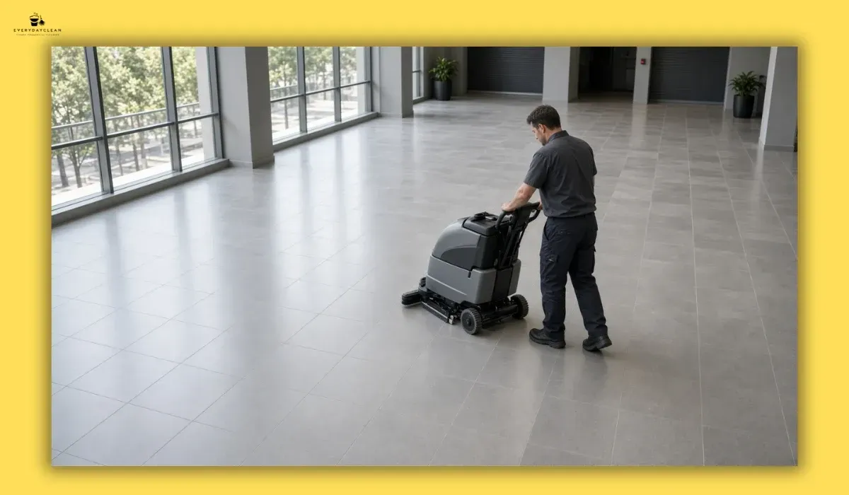 Professional cleaner using commercial equipment on a large tiled building floor