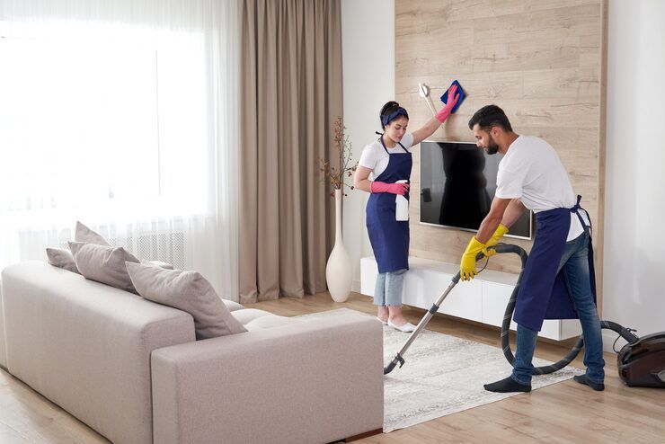 Two people cleaning a living room: one wiping the wall, the other vacuuming the rug.