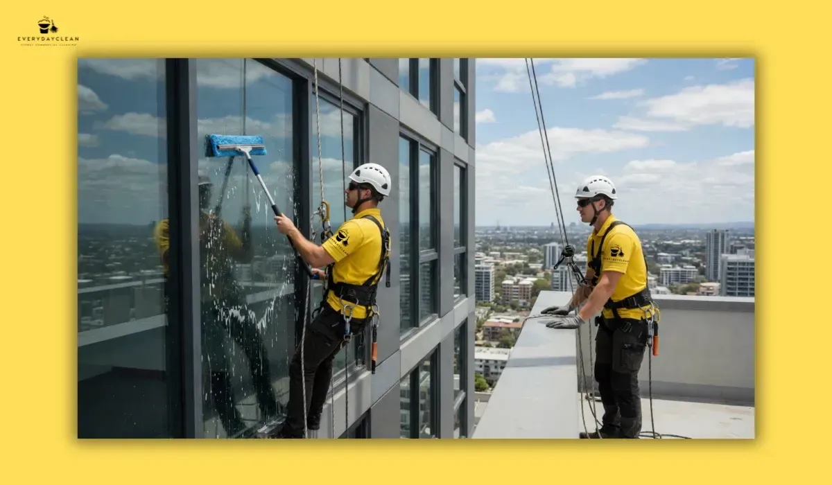 Professional high-rise window cleaners using rope access and certified safety equipment
