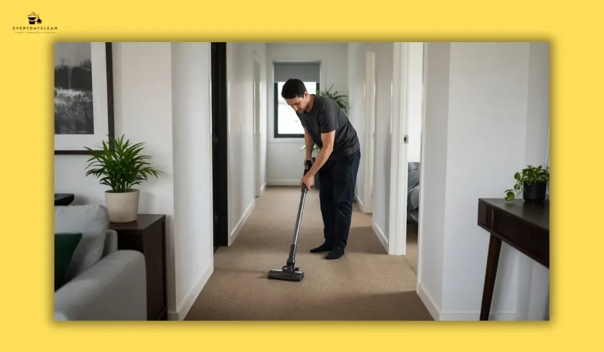 Renter vacuuming high-traffic floors before inspection