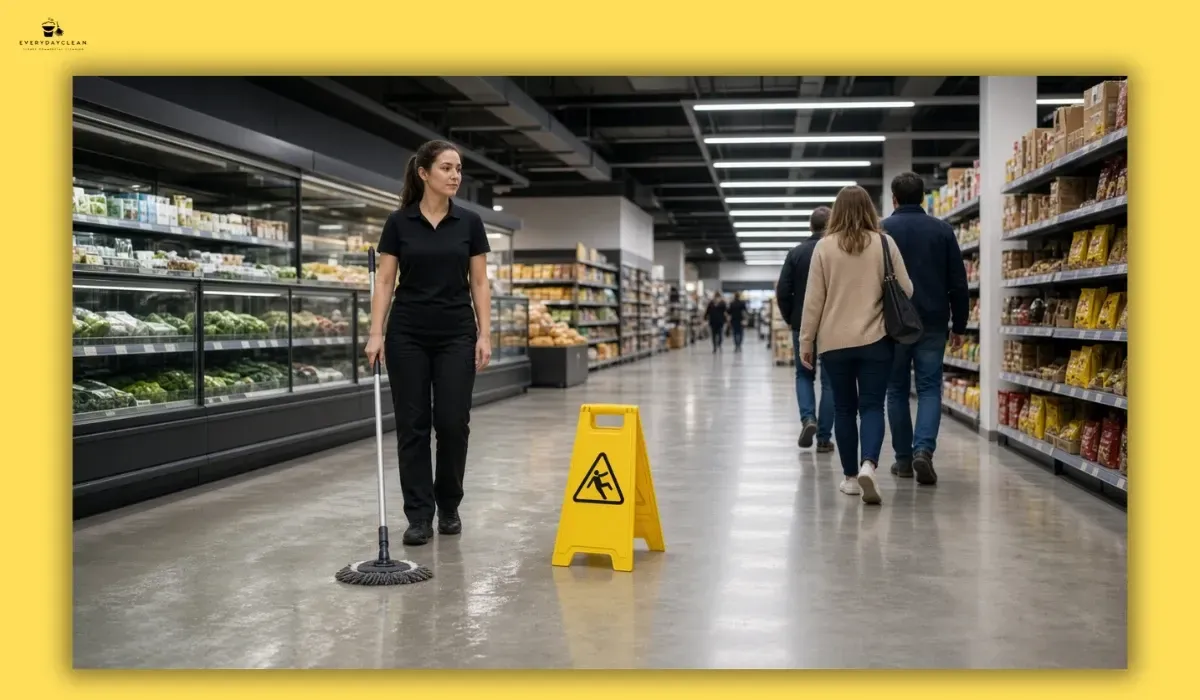 Retail cleaner using wet floor signage to protect customers