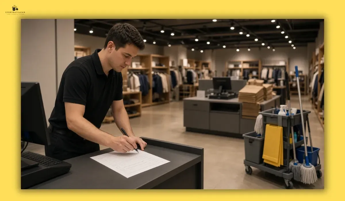 Retail employee completing a cleaning sign-off at the end of a shift