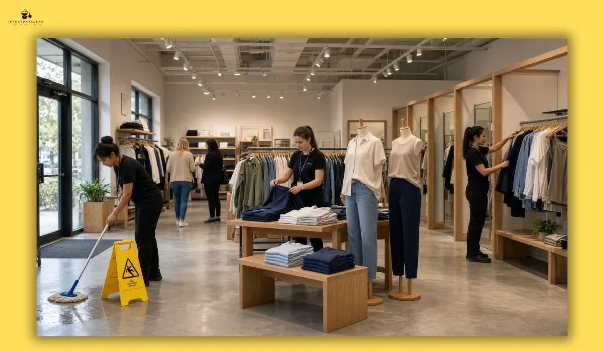 Retail employee following a clean, maintain and reset store cleaning routine