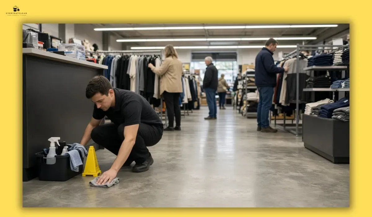 Retail employee spot cleaning a store floor while customers shop
