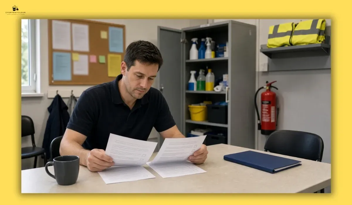 Retail manager reviewing cleaning policy and hazard reporting procedures
