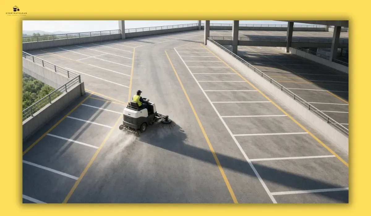 Ride-on brush sweeper cleaning a large multi-deck car park level