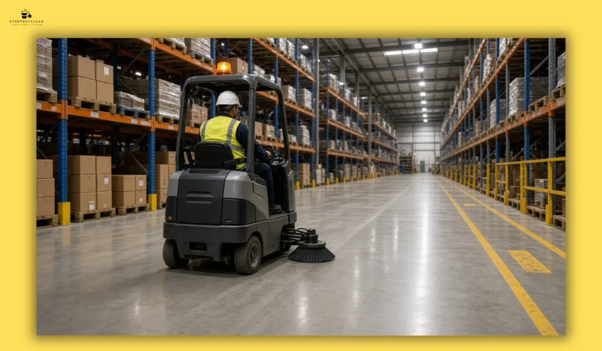 Ride-on industrial sweeper cleaning a concrete aisle between pallet racking in a warehouse