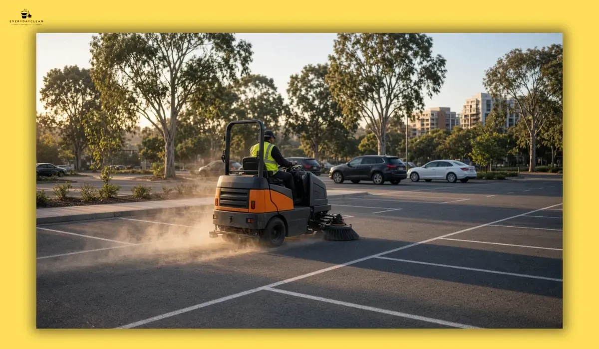Ride-on sweeper performing car park sweeping at a Sydney shopping centre