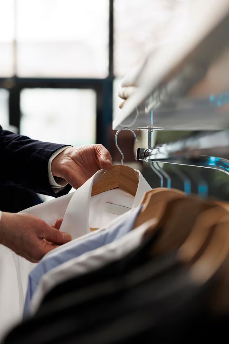 Person choosing a white collared shirt on a rack in a clothing store.