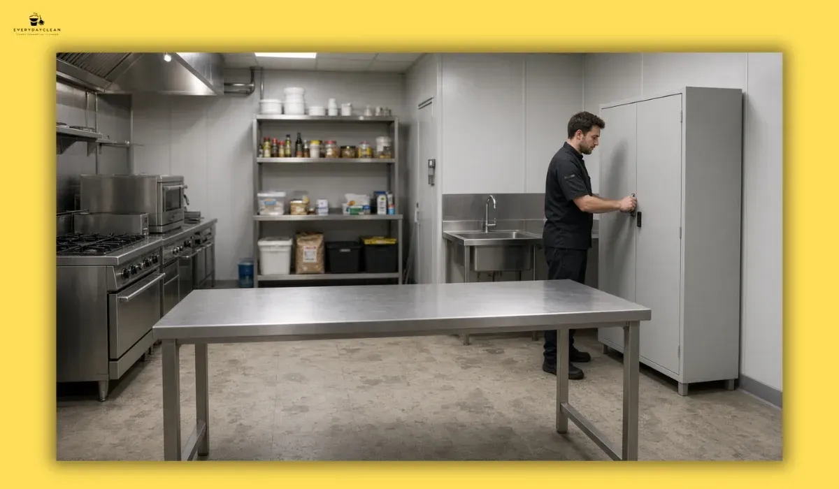 Separate chemical storage cupboard positioned away from food and kitchen utensils
