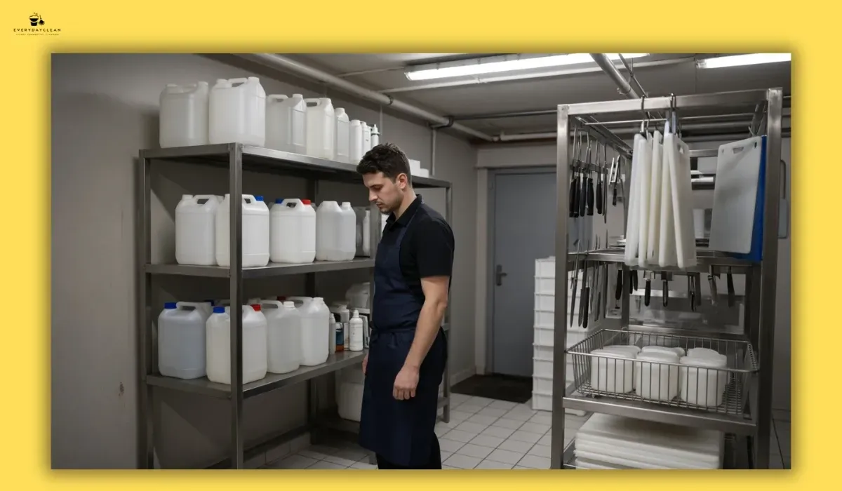 Separate cleaning chemicals and food equipment in a butcher shop