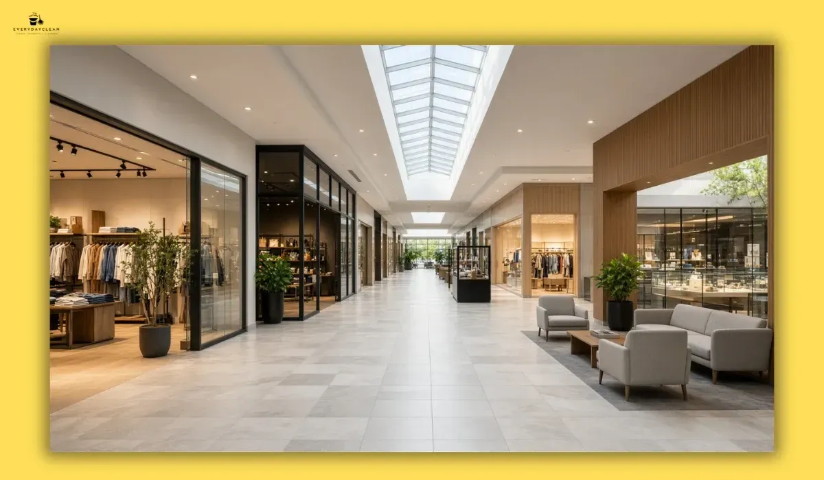 Shopping centre common walkway beside individual retail store entrances