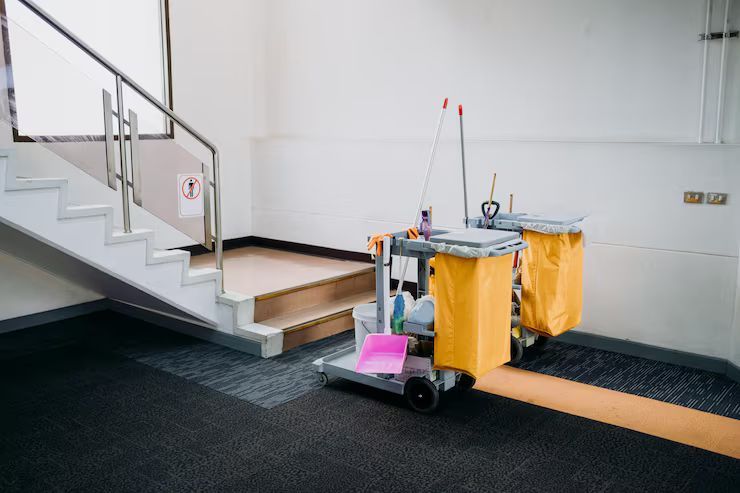 Cleaning carts near a staircase; yellow bags, various cleaning supplies, and a pink note.