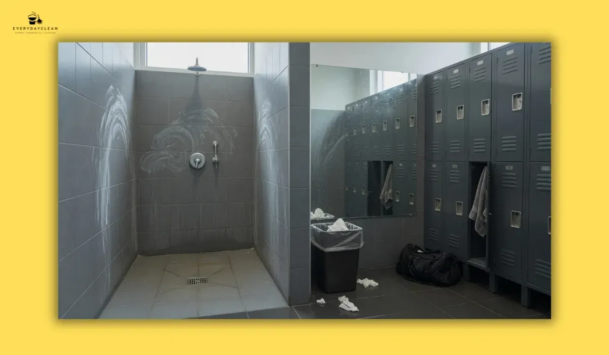Signs of poor cleaning in a gym shower and locker room