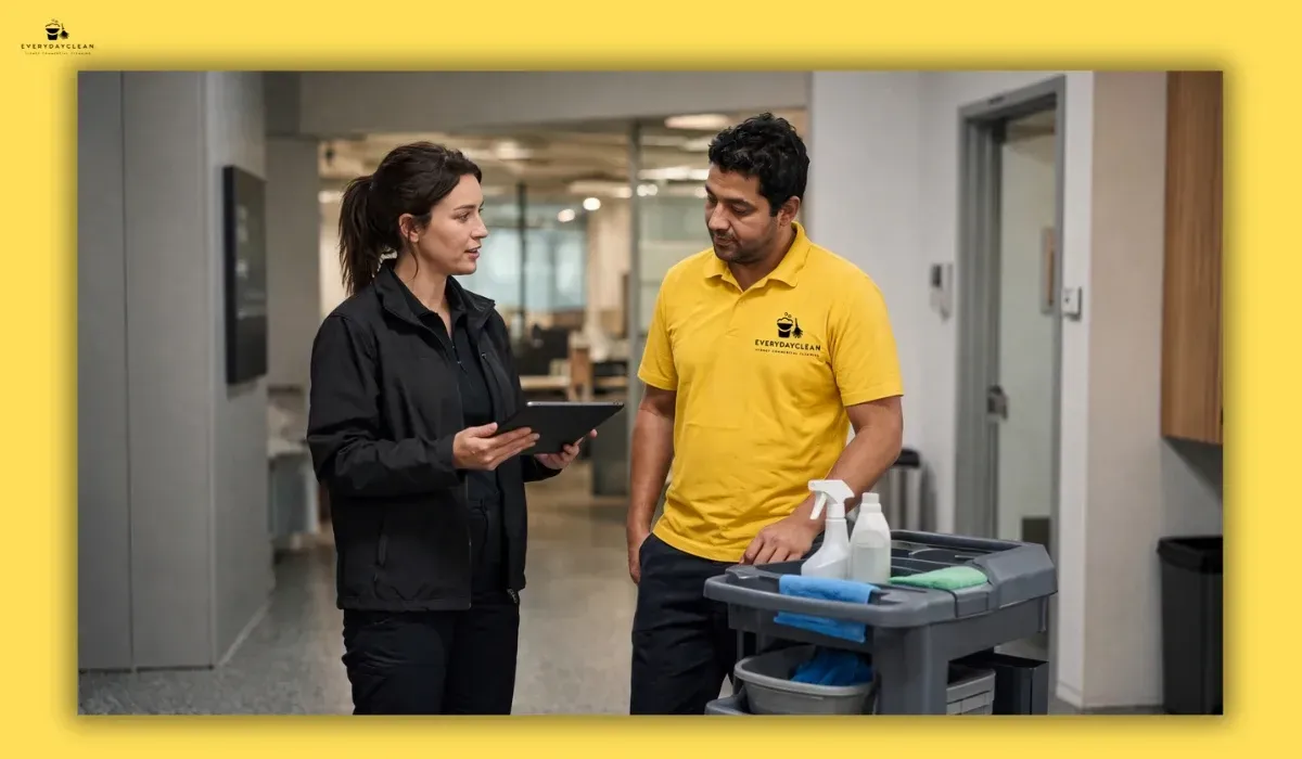 Site manager and cleaner reviewing commercial cleaning responsibilities
