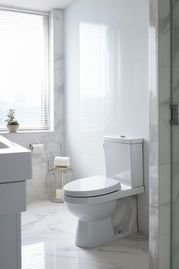 White modern bathroom with toilet, sink, and window with blinds. Marble floors and walls.