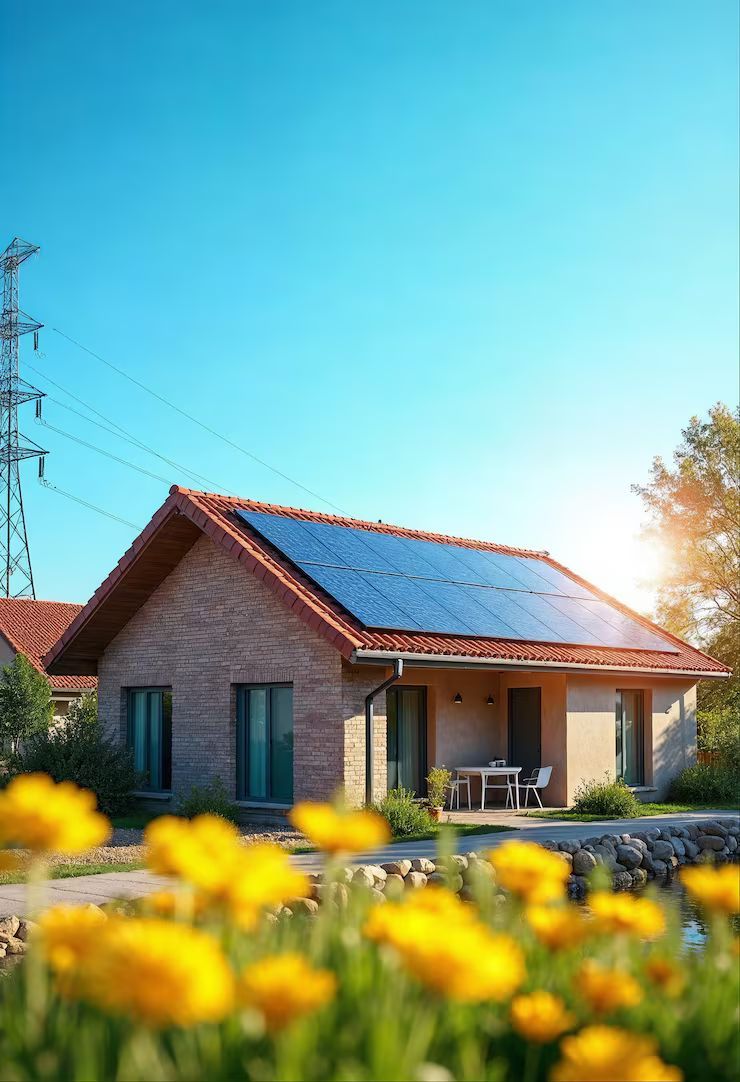 House with solar panels on roof, sunny day, power lines, yellow flowers in foreground.