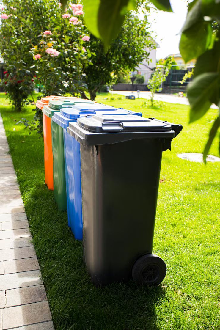 Row of colorful recycling bins on a grassy lawn. Black, blue, green, and orange bins are in line.