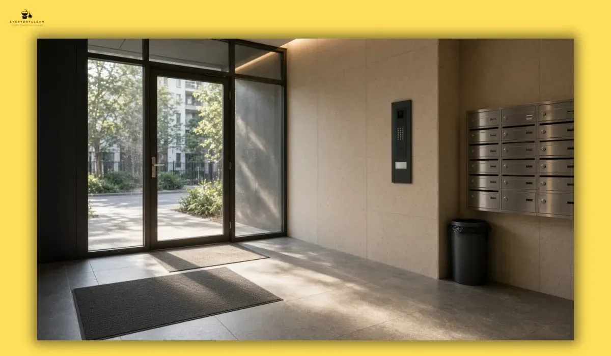 Strata apartment entrance foyer with clean floors, glass doors and mailboxes