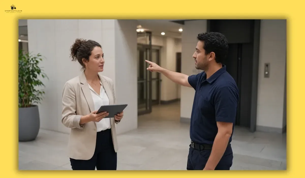 Strata manager and cleaner reviewing cleaning responsibilities