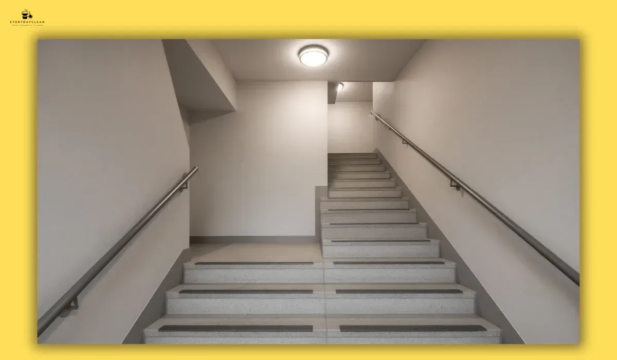 Strata stairwell with clean steps, handrails and landing areas