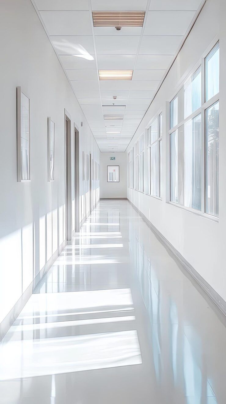 Bright, white hallway with windows on one side and doors on the other. Sunlight streams in, casting shadows.