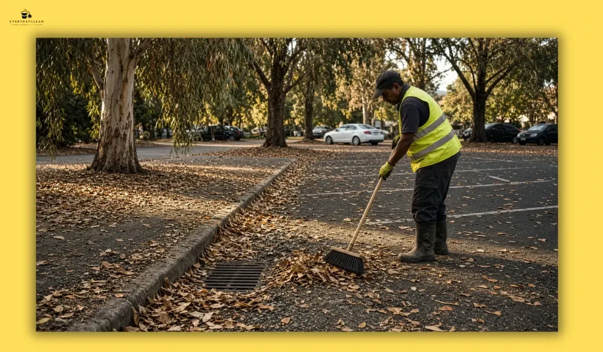 Sweeper clearing leaves and gravel from a kerb and drain in an outdoor parking lot