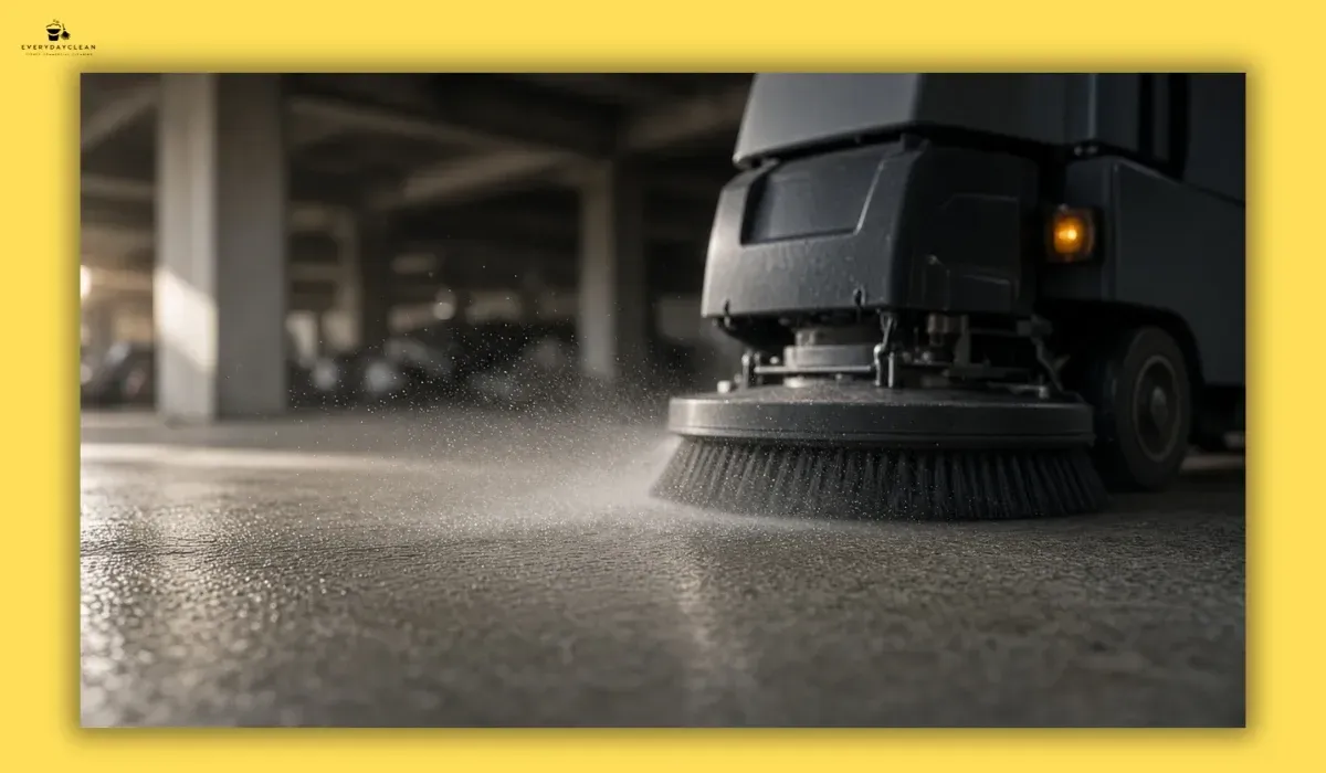 Sweeper using water mist dust suppression on a concrete car park floor