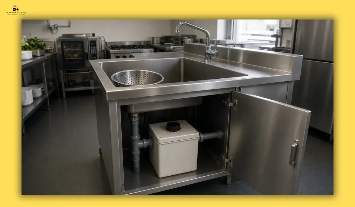 Technician inspecting and servicing a grease trap beneath a commercial kitchen sink