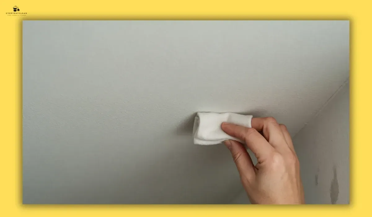 testing a cleaning solution on painted ceiling before removing mould