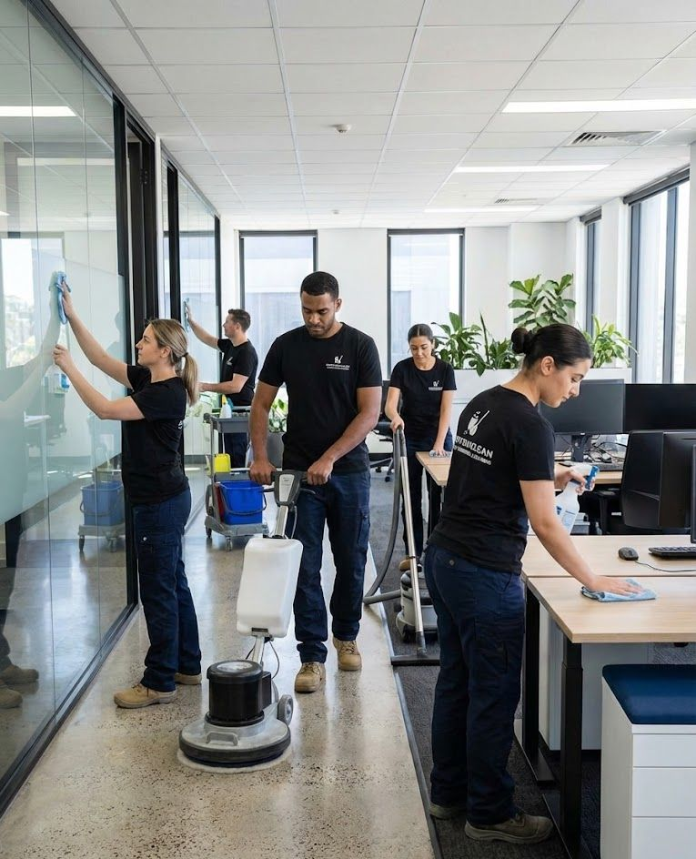 Office cleaning crew mopping and wiping desks in a bright, modern workspace