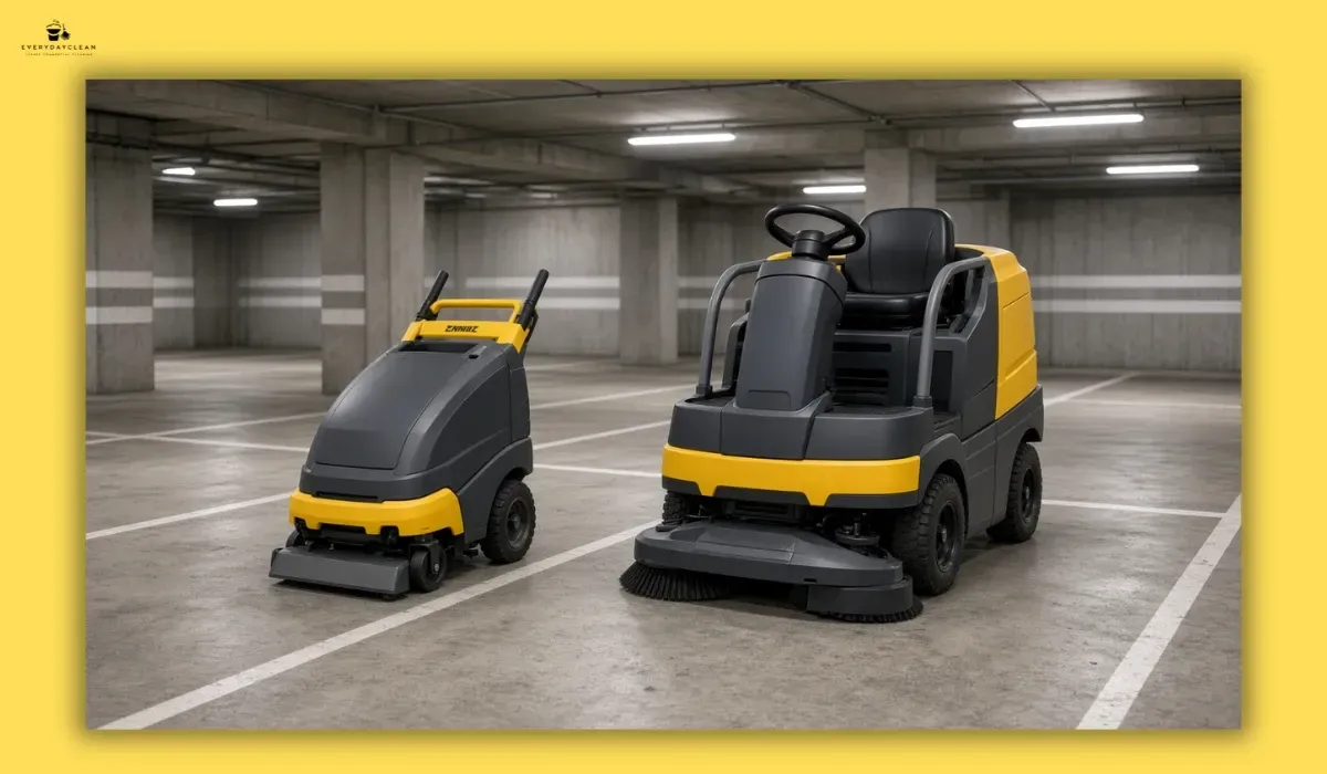 Walk-behind and ride-on car park sweepers side by side in a concrete car park