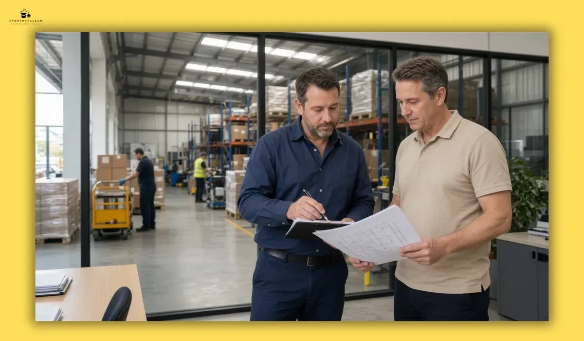 Warehouse manager discussing cleaning responsibilities with a professional cleaning supervisor