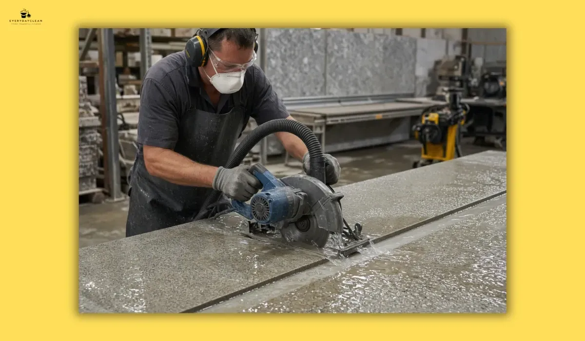 Wet cutting with on-tool dust extraction as a silica control in a stone workshop